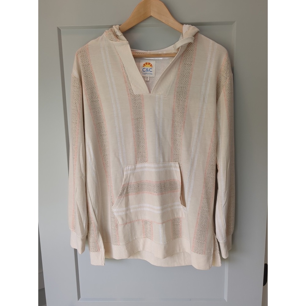 C&C California Womens‎ M Neutrals Stripe Ivory Hoodie Pullover Sweatshirt